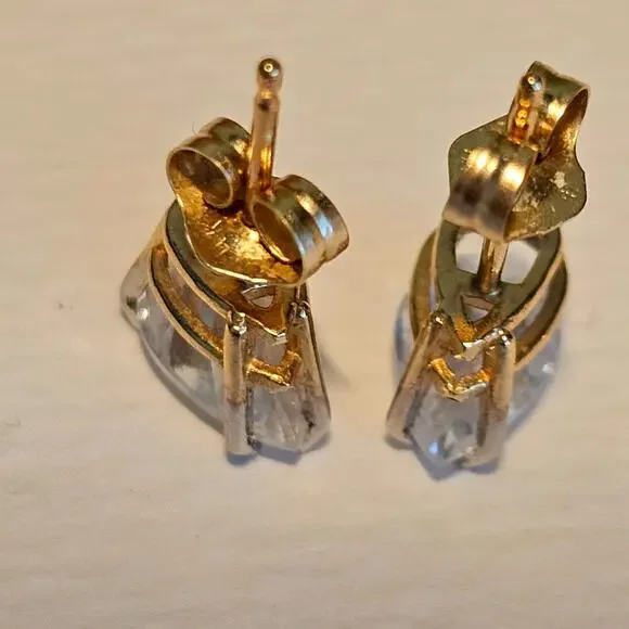 14k Real Gold Solitaire Cubic Zirconia Stud Earrings - 5 X 7mm, 1.32g - Picture 6 of 8